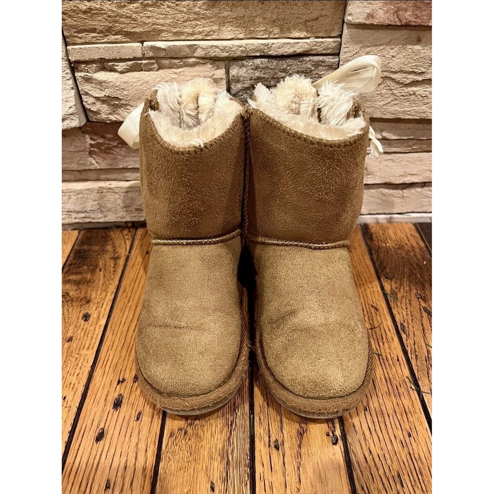 Apres by Lamo‎ Lil Girls 5y Faux Fur Lined Boots Tie Back Bow Tan